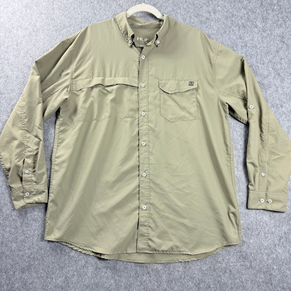 Huk Mens Shirt Fishing XL Green Long Sleeve Vented Button Down Performance